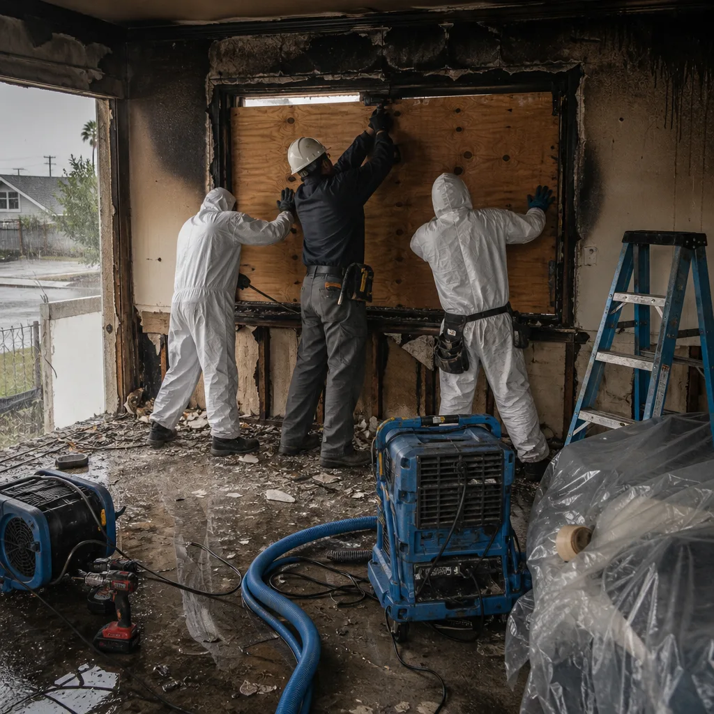 Professional fire and smoke damage restoration team securing a damaged window