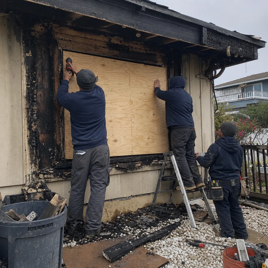 Technicians boarding up window frame at residential fire damage restoration site
