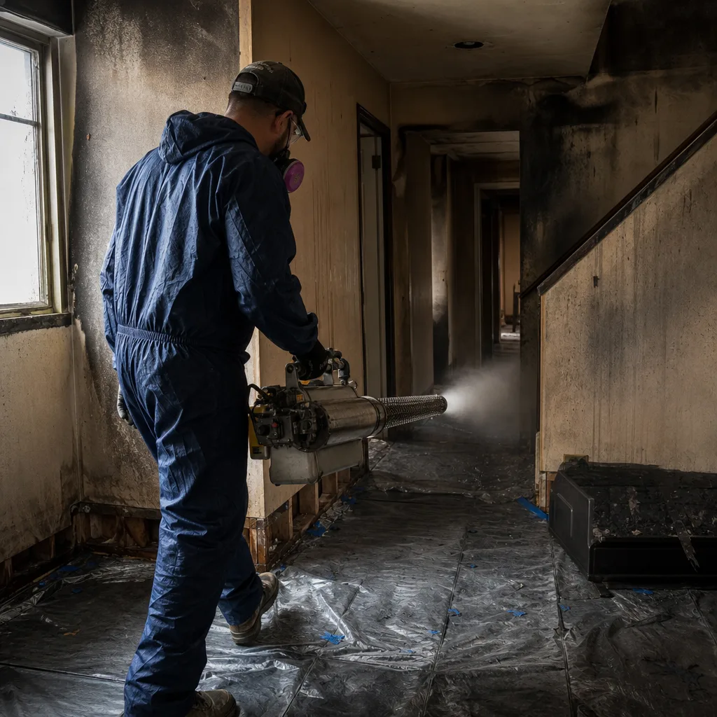 Technician performing professional fire and smoke damage restoration with a thermal fogger.