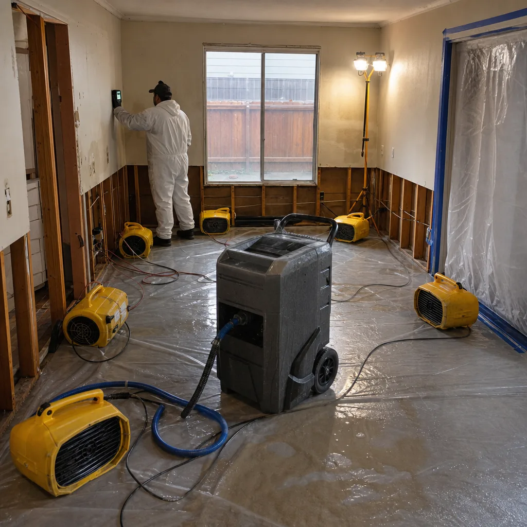 Water damage restoration technician using moisture monitoring equipment in a drying room