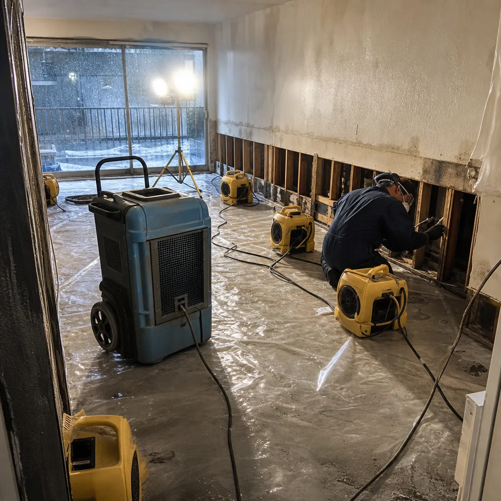 Water damage restoration technician using industrial drying equipment in a home