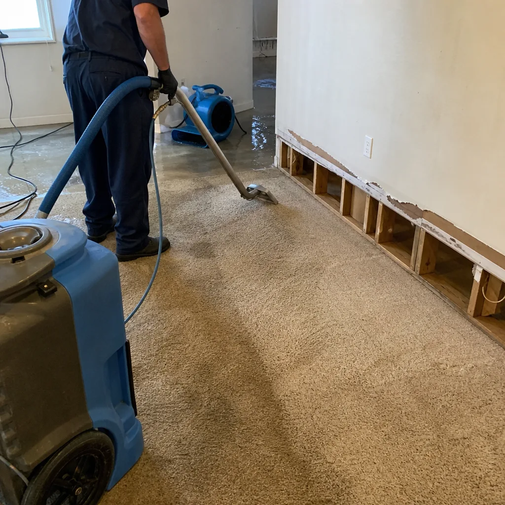 Water damage restoration technician using industrial extraction equipment on wet carpet